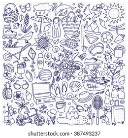 Vector illustration with hand drawn doodle summer elements on squared background