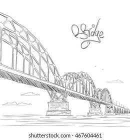 Vector illustration: Hand drawn doodle sketch with bridge, clouds and birds.