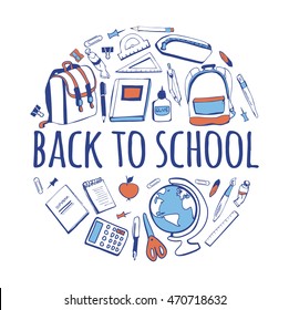 Vector illustration with hand drawn doodle school supplies and place for text on white background. Circle concept with Back to school inscription in the center. Card, poster or banner design.