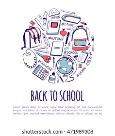 Vector illustration with hand drawn doodle school supplies and hashtags in circle concept with place for text on white background. Back to school card, poster, flyer or banner design.