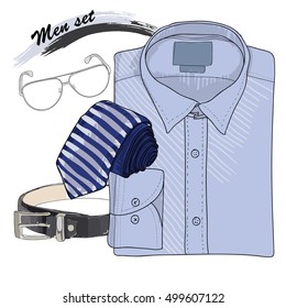 Vector illustration of Hand drawn, doodle coordination shirt with band, tie, spectacles and belt. Men set on white background. Classical style. Template for brochure, journal, flayer