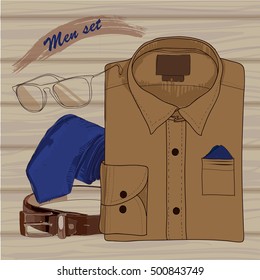 Vector illustration of Hand drawn, doodle coordination shirt, tie, spectacles and belt. Men set on wood background. Hipster, natural style. Template for brochure, journal, flayer