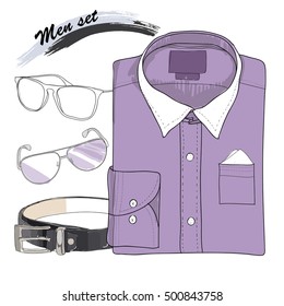 Vector illustration of Hand drawn, doodle coordination shirt , spectacles and belt. Men set on white background. Classical style. Template for brochure, journal, flayer