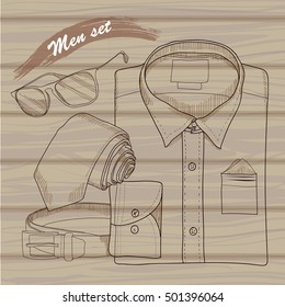 Vector illustration of Hand drawn, doodle coordination shirt, tie, spectacles and belt. Men set on wood background. Hipster, natural style. Template for brochure, journal, flayer
