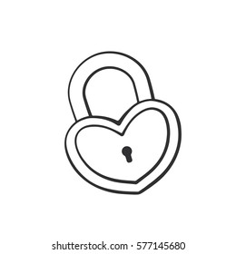 Vector illustration. Hand drawn doodle of padlock in heart shape. Cartoon sketch. Decoration for greeting cards, posters, emblems
