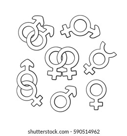 Vector illustration. Hand drawn doodle set of gender symbols. Gender pictograms. Cartoon sketch. Decoration for greeting cards, posters, emblems, wallpaper