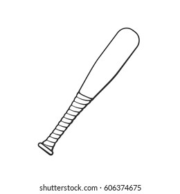 Vector illustration. Hand drawn doodle of wooden baseball bat with tape. Sports equipment. Cartoon sketch. Decoration for greeting cards, posters, emblems, wallpapers