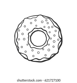 Vector illustration. Hand drawn doodle of donut with glaze and powder. Cartoon sketch. Decoration for greeting cards, posters, emblems, wallpapers, menus
