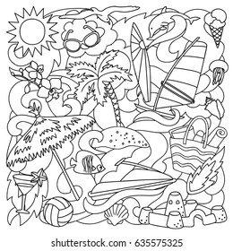Vector illustration with hand drawn doodle summer and beach elements. Black and white composition for coloring books.