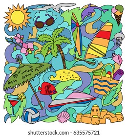 Vector illustration with hand drawn doodle summer and beach elements. Colorful composition for textile prints, covers, postcards.