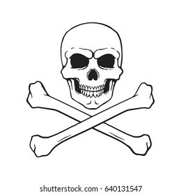 Vector illustration. Hand drawn doodle of skull Jolly Roger with crossbones at the bottom. Danger warning sign. Cartoon sketch. Decoration for greeting cards, posters, emblems, wallpapers