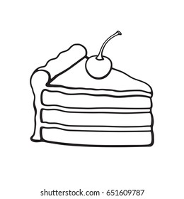 Vector illustration. Hand drawn doodle of a piece of cake with cream and cherry. Cartoon sketch.  Decoration for menus, signboards, showcases, greeting cards, wallpapers