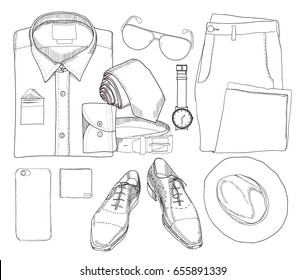 Vector illustration of Hand drawn and doodle of top view, flat lay coordination folded shirt, tie, trousers, shoes, spectacles, phone, clock, hat, purse and belt. Mens set on white background. 