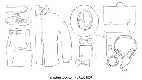 Vector illustration of Hand drawn and doodle of top view, flat lay of folded shirt, t-shirt, trousers, spectacles, sneakers, clock, hat, phone, briefcase, headphones and belt. Mens set. 