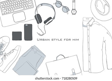 Vector illustration of Hand drawn, doodle flat lay coordination. folded shirt, tie, trousers, shoes, spectacles and belt. Male clothes collage. Top views. Template for blogger, social media