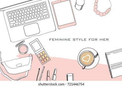 Vector illustration of Hand drawn, doodle flat lay coordination. Feminine clothes collage. Women trendy fashion. Top views. Template for blogger, social media