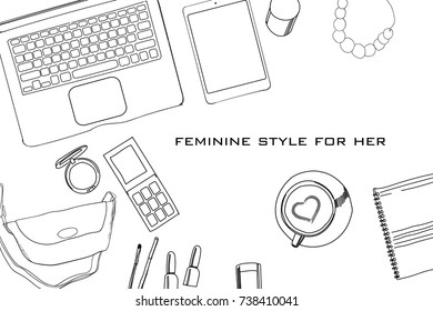 Vector illustration of Hand drawn, doodle flat lay coordination. Feminine clothes and accessorize collage with laptop. Women trendy fashion. Top views. Template for blogger, social media.