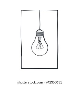 Vector illustration. Hand drawn doodle of light bulb on the wire in a frame. Energy and power sign of technology. Symbol of education, idea, inspiration and solution. Isolated on white background
