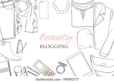 Vector illustration of Hand drawn, doodle flat lay coordination. Feminine clothes and accessorize collage. Women trendy fashion. Top views. Template for blogger, social media.