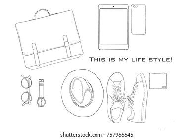 Vector illustration of Hand drawn, doodle flat lay coordination.folded shirt, tie, trousers, shoes, spectacles and belt.Male clothes, accessorize collage.Top views.Template for blogger, social media