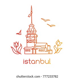 Vector illustration with hand drawn doodle outline of famous landmark in Istanbul - Maiden tower, tulip flowers and seagulls. Tourism and travel modern design with turkish symbols in gradient colors.