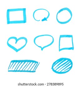 Vector illustration of hand drawn doodles, empty and hatched circle and rectangle, heart, square and round arrow created with blue marker for your design
