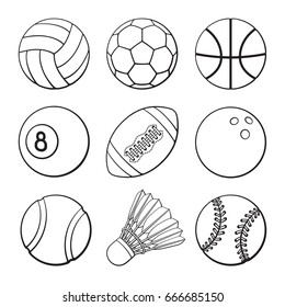 Vector illustration. Hand drawn doodles of football, soccer, basketball, volleyball, baseball, tennis, badminton, bowling and billiards balls. Set of sports balls. Cartoon sketch.  Design elements