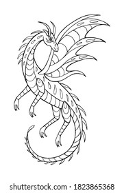 Vector Illustration of hand drawn dragon. Black and white vector illustration for coloring book. Beautiful drawings with patterns and small details. 