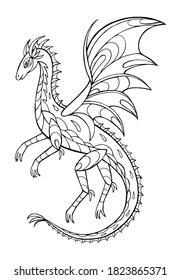 Vector Illustration of hand drawn dragon. Black and white vector illustration for coloring book. Beautiful drawings with patterns and small details. 