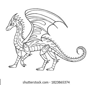 Vector Illustration of hand drawn dragon. Black and white vector illustration for coloring book. Beautiful drawings with patterns and small details. 