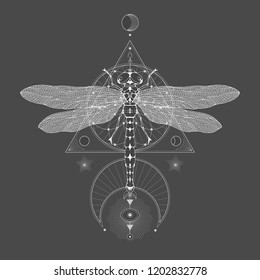 Vector illustration with hand drawn dragonfly and Sacred geometric symbol on black vintage background. Abstract mystic sign sign. White linear shape. For you design: tattoo, print, posters, t-shirts, 