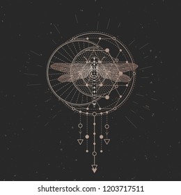 Vector illustration with hand drawn dragonfly and Sacred geometric symbol on black vintage background. Abstract mystic sign. Gold linear shape. For you design: tattoo, print, posters, t-shirts.