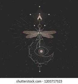 Vector illustration with hand drawn dragonfly and Sacred geometric symbol on black vintage background. Abstract mystic sign. Gold linear shape. For you design.