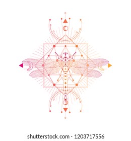 Vector illustration with hand drawn dragonfly and Sacred geometric symbol on white background. Abstract mystic sign. Colored linear shape. For you design: tattoo, print, posters, t-shirts, textiles.