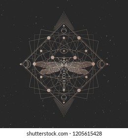 Vector illustration with hand drawn dragonfly and Sacred geometric symbol on black vintage background. Abstract mystic sign. Gold linear shape. For you design.