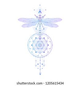 Vector illustration with hand drawn dragonfly and Sacred geometric symbol on white background. Abstract mystic sign. Colored linear shape. For you design: tattoo, print, posters, t-shirts, textiles.
