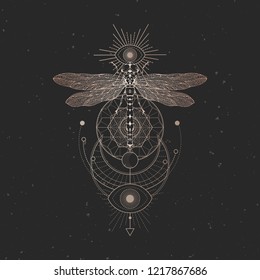 Vector illustration with hand drawn dragonfly and Sacred geometric symbol on black vintage background. Abstract mystic sign. Gold linear shape. For you design: tattoo, print, posters, t-shirts.