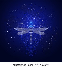 Vector illustration with hand drawn dragonfly and Sacred geometric symbol against the starry sky. Abstract mystic sign. Linear shape. For you design: tattoo, posters, t-shirts, textiles and other.