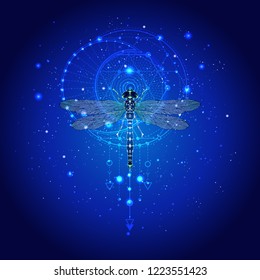 Vector illustration with hand drawn dragonfly and Sacred geometric symbol against the starry sky. Abstract mystic sign. Linear shape. For you design.