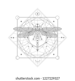 Vector illustration with hand drawn dragonfly and Sacred geometric symbol on white background. Abstract mystic sign. Black linear shape. For you design and magic craft.