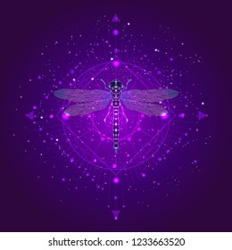Vector illustration with hand drawn dragonfly and Sacred geometric symbol against the starry sky. Abstract mystic sign.
