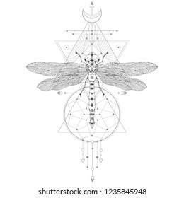 Vector illustration with hand drawn dragonfly and Sacred geometric symbol on white background. Abstract mystic sign. Black linear shape. For you design and magic craft.