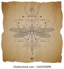 Ilustración vectorial con libélula dibujada a mano y símbolo geométrico sagrado sobre fondo de papel vintage con bordes rasgados. Abstractas signo místico. Forma lineal sepia. Para tu diseño.