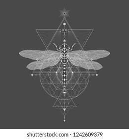 Vector illustration with hand drawn dragonfly and Sacred geometric symbol on black vintage background. Abstract mystic sign. White linear shape. For you design: tattoo, print, posters, t-shirts.