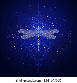 Vector illustration with hand drawn dragonfly and Sacred geometric symbol against the starry sky. Abstract mystic sign. Linear shape. For you design: tattoo, print, posters, t-shirts, textiles.