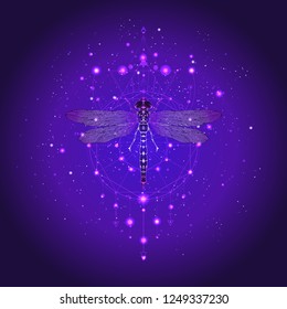 Vector illustration with hand drawn dragonfly and Sacred geometric symbol against the starry sky. Abstract mystic sign. Linear shape. For you design: tattoo, print, posters, t-shirts, textiles.