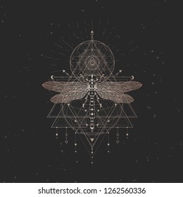 Vector illustration with hand drawn dragonfly and Sacred geometric symbol on black vintage background. Abstract mystic sign. Gold linear shape. For you design.