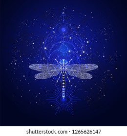 Vector illustration with hand drawn dragonfly and Sacred geometric symbol against the starry sky. Abstract mystic sign. Linear shape. Linear shape. For you design: tattoo, print, posters, t-shirts.