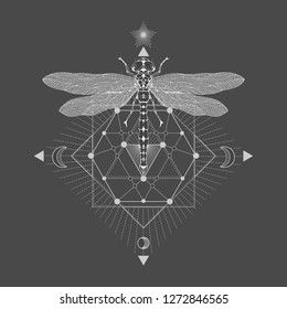 Vector illustration with hand drawn dragonfly and Sacred geometric symbol on black vintage background. Abstract mystic sign. White linear shape. For you design and other.