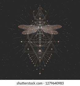 Vector illustration with hand drawn dragonfly and Sacred geometric symbol on black vintage background. Abstract mystic sign. Gold linear shape. For you design and other.